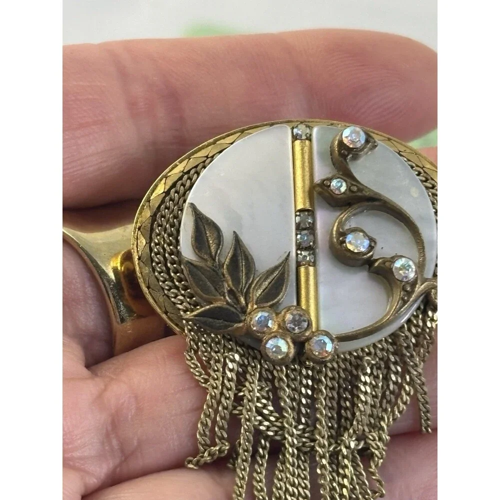 Rare MARENA Hand Made In Germany Gold Plated MOP Tassel Pendant Brooch Art Deco
